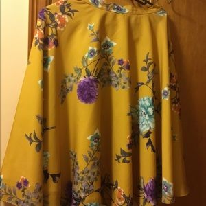 Mustard yellow floral print circular swing skirt